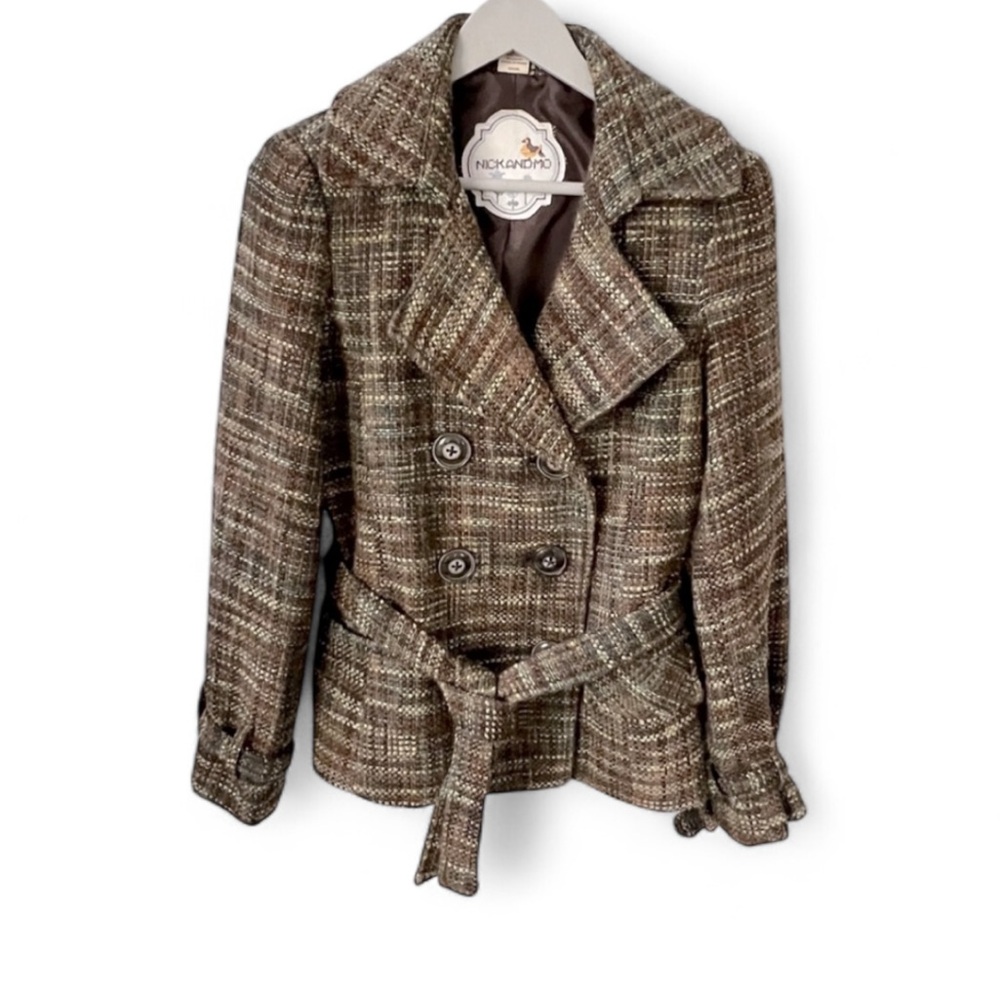 Rare Anthropologie Nick & Mo Brown Tweed Wool Pea Coat Blazer Belted Waist Sz M